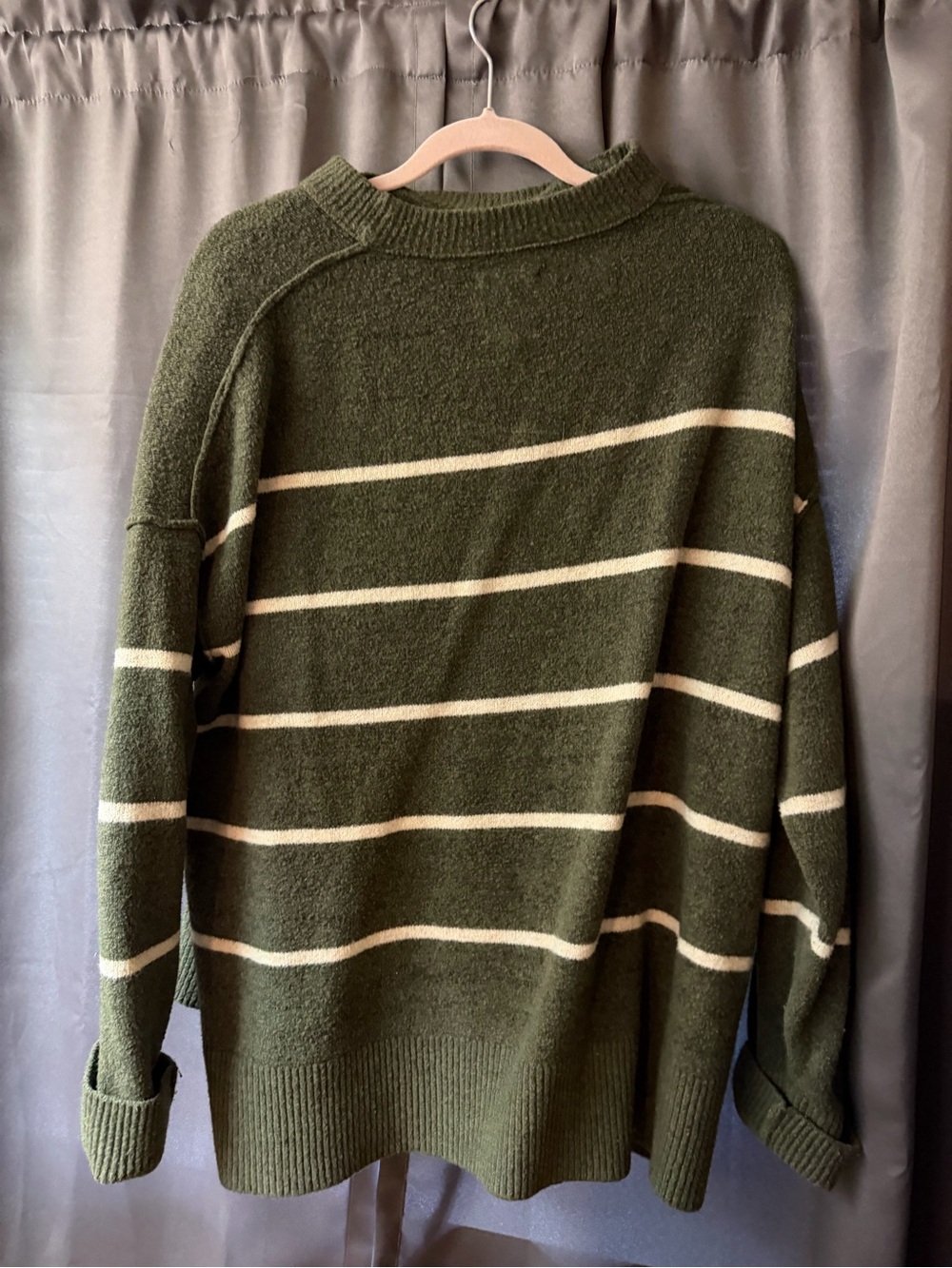 American Eagle Outfitters Olive Green Crewneck Sweater with Cream Stripes